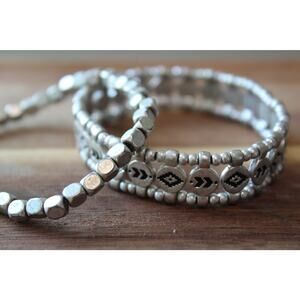 2 Piece Silver Stretchy Bracelets - Aztec Design on Beads